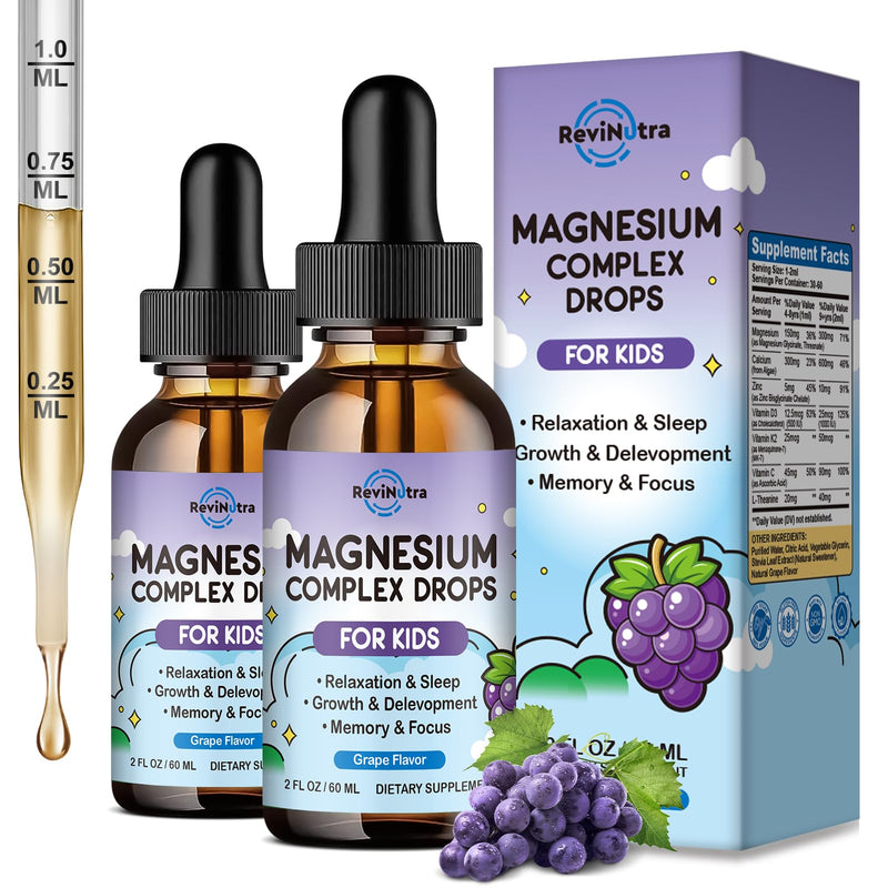 (2 Pack) Magnesium Glycinate Liquid for Kids, Kids Magnesium Liquid Drops Supplement with L-Theanine, Calcium, Zinc, Vitamin D3 K2 for Sleep Calm Relaxation Brain Bones Focus, Grape Flavor 4 Fl Oz 2 Fl Oz (Pack of 2)