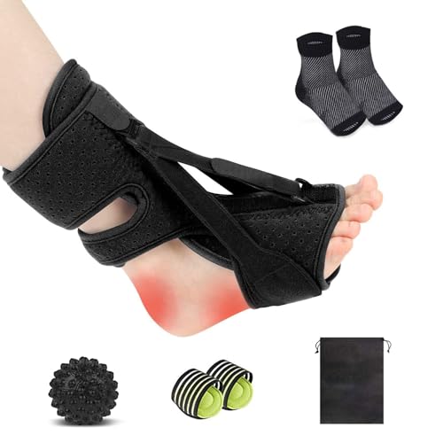 Plantar Fasciitis Night Splint with Massage Ball, Arch Pads & Socks, Adjustable Foot Brace for Achilles Tendonitis, Heel Spur, Foot Drop Relief – Lightweight Night Splint for Men and Women Black
