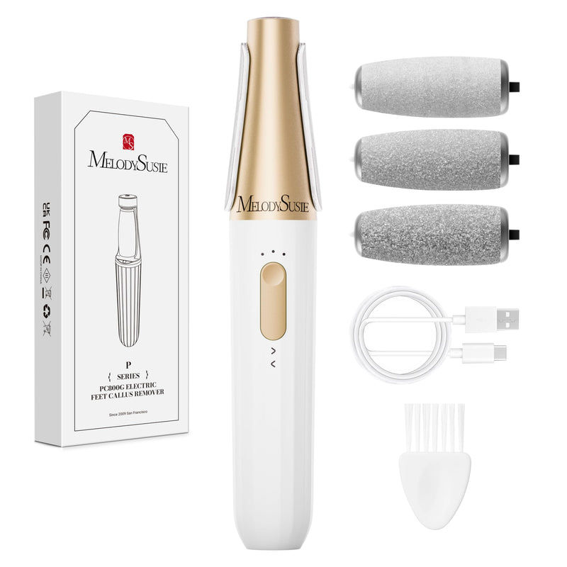 MelodySusie Electric Callus Remover for Feet, PC800G IPX7 Waterproof Rechargeable Pedicure Tool with LED Light & 3 Grits Roller Heads & Adjustable Speeds, for Dead Skin & Cracked Heel, White Gold - BeesActive Australia