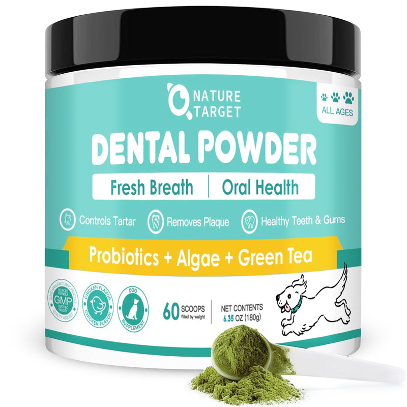 NATURE TARGET Dog Dental Powder - Dog Teeth Cleaning Powder, Support Plaque Off, Breath Freshener & Tartar Remover, Reduce Bad Breath, Natural Dental Care Made Easy, 180g 60 Scoops