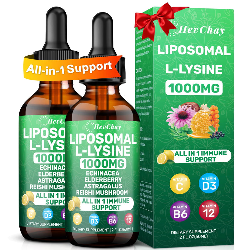 Liposomal L-Lysine Liquid Drops 1000mg with Vitamin C & Zinc, 4 Fl Oz | Essential Amino Acid Lysine with Echinacea, Elderberry, Vitamin C, D3 & Zinc for collagen, Lip, Skin & immune, kids & adults 2 Fl Oz (Pack of 2)