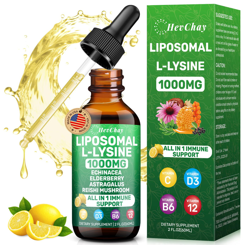 Liposomal L-Lysine Liquid Drops 1000mg with Vitamin C & Zinc, 2 Fl Oz | Essential Amino Acid Lysine with Echinacea, Elderberry, Vitamin C, D3 & Zinc for collagen, Lip, Skin & immune, kids & adults 2 Fl Oz (Pack of 1)