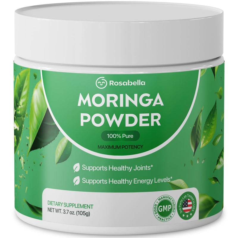 Rosabella Pure Moringa Powder - Energy, Skin, Immune & Gut Health Superfood, Rich in Antioxidants, Essential Vitamins & Amino Acids, Natural Green Superfood Supplement (3.7oz (Pack of 1)) 3.7 Ounce (Pack of 1)