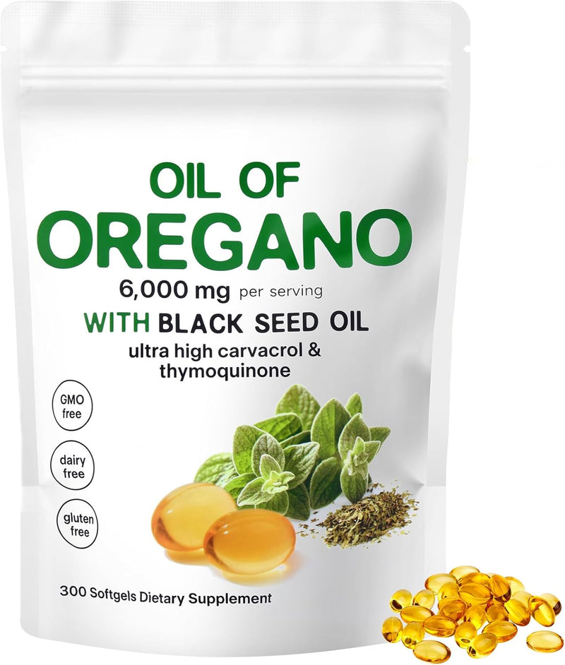 Nutrivora Oil of Oregano with Black Seed Oil, 2 in 1 6000mg Oregano Oil Capsules Organic,Pure & Natural Supplement, Non-GMO, Gluten Free(300 Softgel) 1 Bag - BeesActive Australia