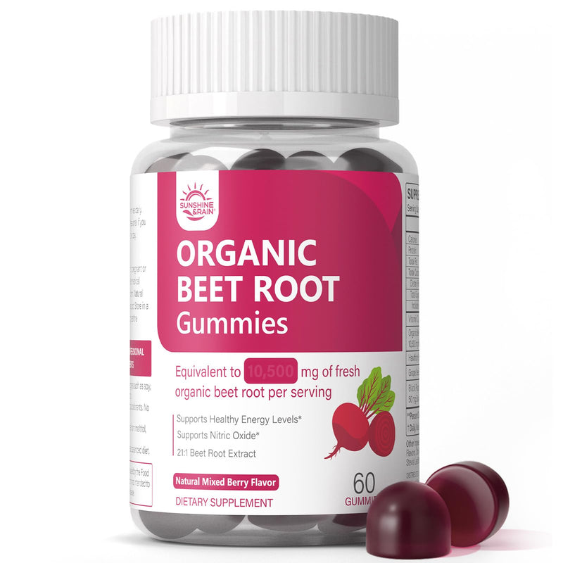Organic Beet Root Gummies, Beet Chews for Nitric Oxide Support, 60 Count | Sugar-Free Beetroot Gummies with 21:1 Extract, Grape Seed & Black Pepper for Circulation, Heart and Energy; Vegan, Non-GMO 60 Count (Pack of 1)