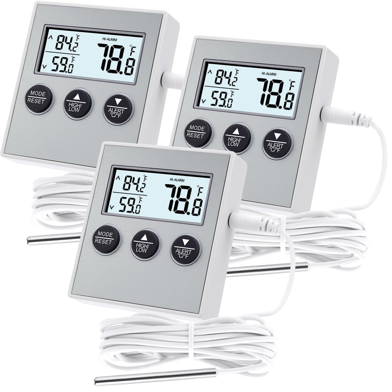 Relaxweex 3 Pack Refrigerator Thermometer Freezer Alarm Digital Thermometer with Sensor, High and Low Alarm Memory Function for Freezer Fridge Kitchen Aquarium(White) White