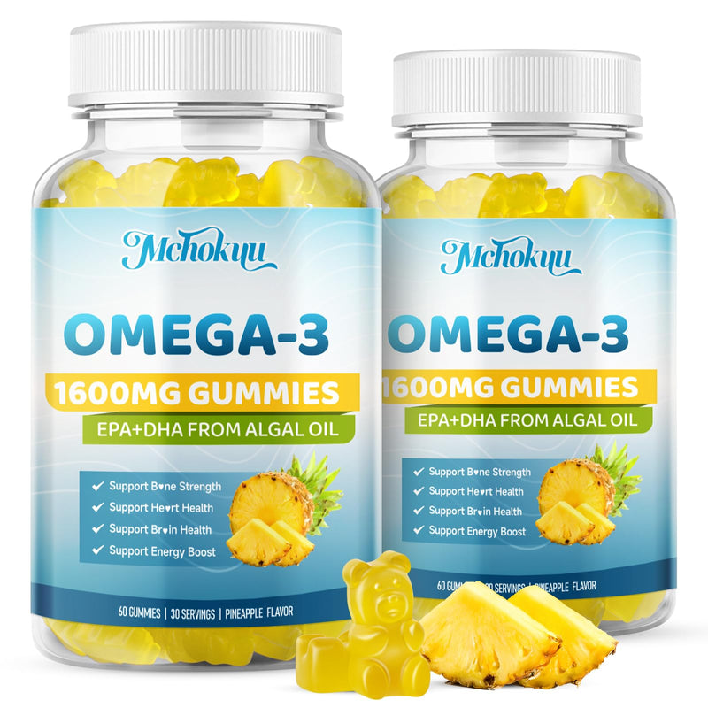 Vegan Omega-3 Gummies 1600mg EPA & DHA from Algal Oil, Fish Oil Alternative for Adults & Kids, Omega 3 Supplement with Vitamin D3 K2 for Brain, Eye & Immune Health Sugar Free Pineapple, 120 Count 60 Count (Pack of 2)
