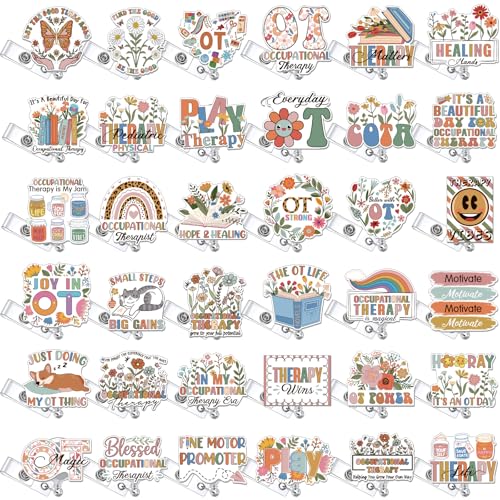 36 Pcs Occupational Therapy Gifts Bulk OT Retractable Badge Reel Acrylic Floral Name ID Clips Occupational Therapist Badge Holder for OT Month Graduate Students Women Hospital Clinic 1
