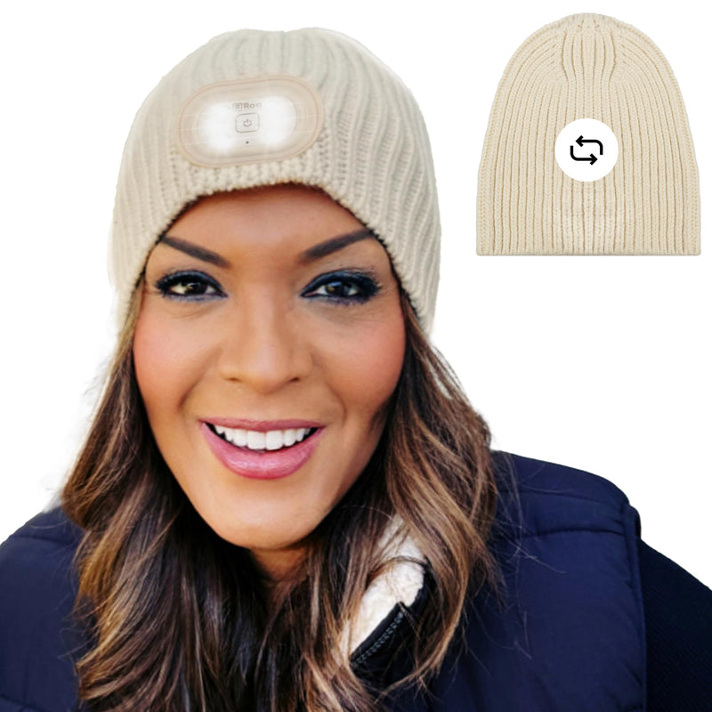 Headlightz® Reversible Knit LED Beanie – Rechargeable Lighted Hat, 2-in-1 Design, Machine Washable, Warm Winter Cap for Running, Dog Walking, Outdoor & Emergency Use - Ivory
