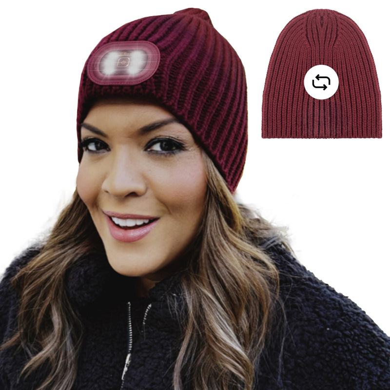 Headlightz® Reversible Knit LED Beanie – Rechargeable Lighted Hat, 2-in-1 Design, Machine Washable, Warm Winter Cap for Running, Dog Walking, Outdoor & Emergency Use - Wine