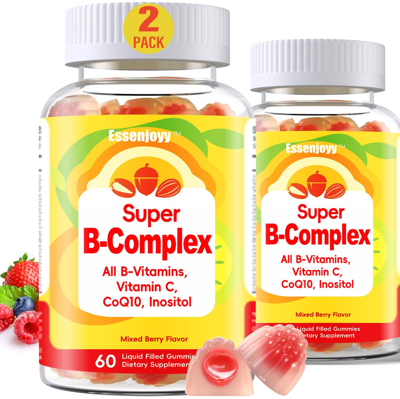 Liquid-Filled B Complex Gummies for Daily Routine, Juicy Berry Flavor, Complete B Vitamins with Vitamin C, CoQ10 & Inositol, Easy to Enjoy, 60 Gummies x 2 (120 Total) 60 Count (Pack of 2)