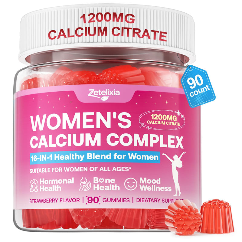 Calcium Gummies for Women, Calcium Citrate 1200mg with Vitamin D3 K2, Collagen & Biotin, B0ne, Teeth, Immune & Hormone Support, Sugar Free, Non-GMO, Gluten-Free, Strawberry Flavor, 90 Count 90 Count (Pack of 1)