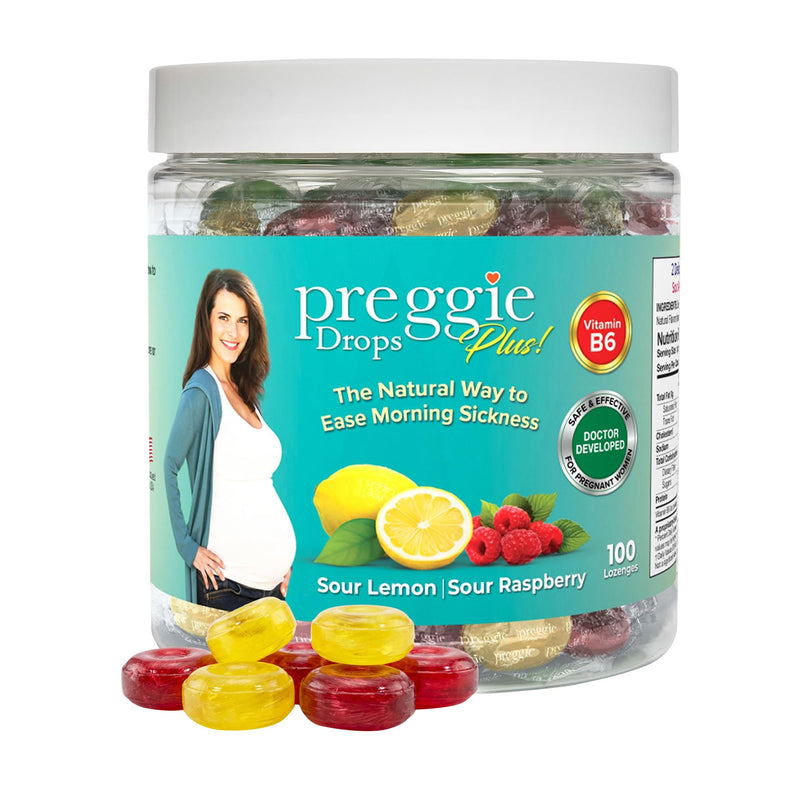 Three Lollies Preggie Pop Drops Plus Pregnancy Candy, Sour Mix, 100 Count | Pregnancy support candy with vitamin B6 and essential oils; sour raspberry and lemon flavors, 100 count. Sour Raspberry & Sour Lemon 100 Count (Pack of 1)