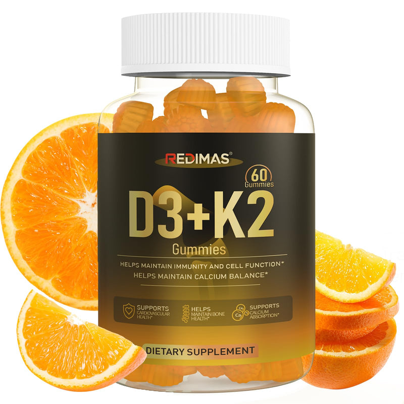 Vitamin D3 K2 Gummies, Vegan Orange Flavor, 60 Count (30 Servings) | Calcium and Magnesium Supplement with Multi-Vitamin Complex, Bone & Immune Wellness, Daily Nutrient Intake for Women and Men