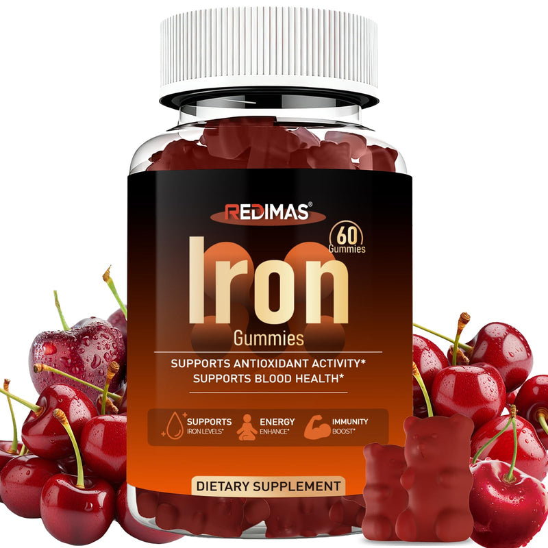 Vegan Iron Gummies, Daily Nutritional Support for Adults, 60 Count | Plant-Based Iron Supplement with Vitamin C, E, B12 & Folate, Energy Metabolism Support & Women’s Wellness, Cherry Flavor