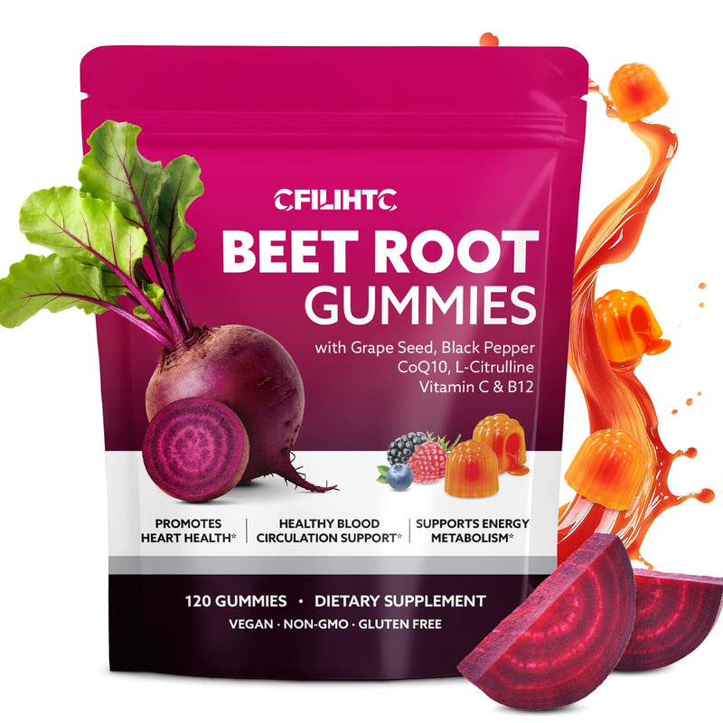 Beetroot Gummies - Beet Root for High Blood Pressure Supplements with Grape Seed Extract + CoQ10 + Black Pepper Extract + L-Citrulline + Vitamin C B12 Ultimate Heart for Blood Flow & Energy, 120 Count Mixed Berry 120 Count (Pack of 1)