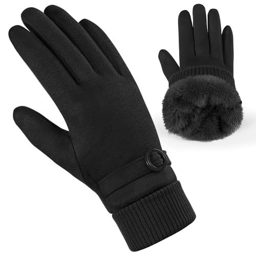 Womens Suede Gloves for Cold Weather, Winter Thick Warm Fleece Lined X-Large Black