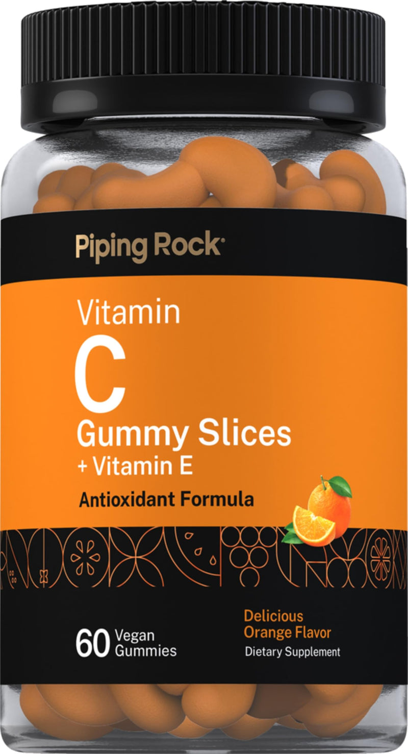 Piping Rock Vitamin C Gummies | 60 Count | Orange Flavor | with Vitamin E | Vegan, Non-GMO, and Gluten Free Supplement