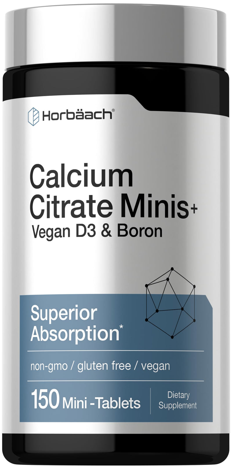 Horbäach Calcium Citrate with Vitamin D3 & Boron | 150 Tablets | Supplement for Men and Women | Vegan, Non-GMO, Gluten Free