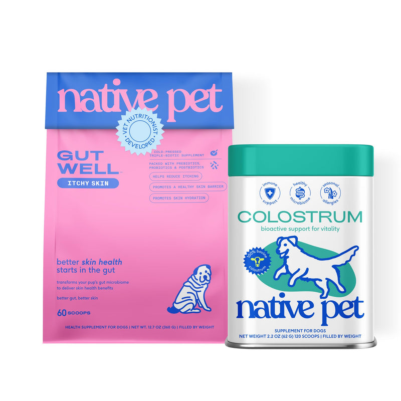 Native Pet Itch-Free Immunity Bundle: 60 Scoop GutWell Itchy Skin - Dog Itching Skin Relief & Seasonal Allergy Relief & 120 Scoop Bovine Colostrum Powder for Dogs Allergy & Immunity