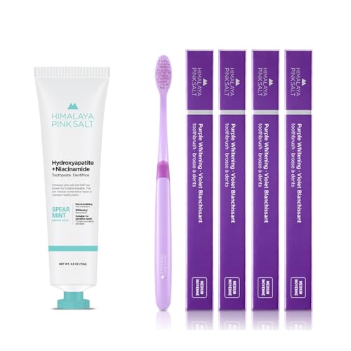 HIMALAYA PINKSALT Fluoride Free Hydroxyapatite Toothpaste with Niacinamide 3.9 oz + Purple Indicater Medium Toothbrush 4Counts, Purple Toothpaste for Teeth Whitening, Plaque Remover for Teeth