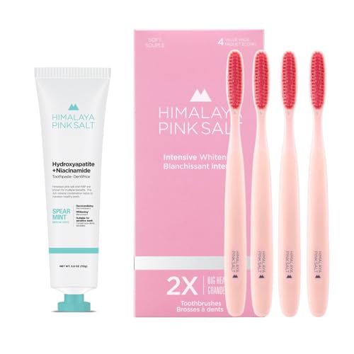HIMALAYA PINKSALT Fluoride Free Hydroxyapatite Toothpaste with Niacinamide 3.9 oz + HIMALAYA PINKSALT Intensive Clean Toothbrush 4Counts, Teeth Whitening Toothpaste, Extra-Large Toothbrush