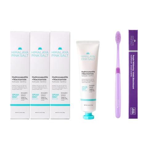 HIMALAYA PINKSALT Fluoride Free Hydroxyapatite Toothpaste with Niacinamide 3.9 oz 3Pack + Purple Indicater Medium Toothbrush, Purple Toothpaste for Teeth Whitening, Plaque Remover for Teeth