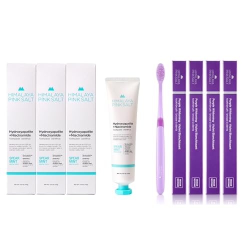 HIMALAYA PINKSALT Fluoride Free Hydroxyapatite Toothpaste with Niacinamide 3.9 oz 3Pack + Purple Indicater Medium Toothbrush 4Counts, Purple Toothpaste for Teeth Whitening, Plaque Remover for Teeth