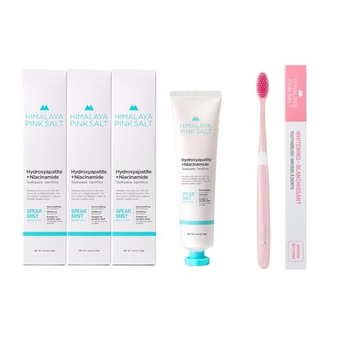 HIMALAYA PINKSALT Fluoride Free Hydroxyapatite Toothpaste with Niacinamide 3.9 oz 3Pack + HIMALAYA PINKSALT Natural Toothbrush, Teeth Whitening Toothpaste, Medium Toothbrushes