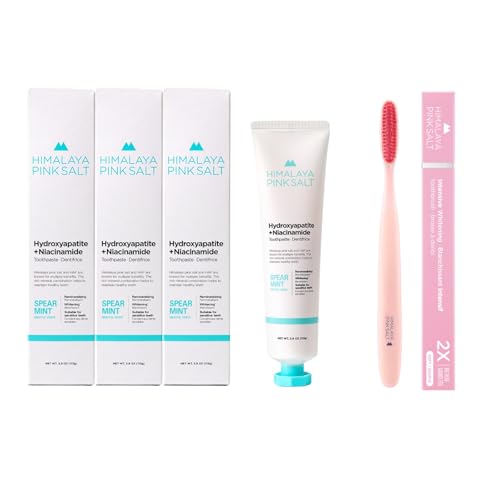 HIMALAYA PINKSALT Fluoride Free Hydroxyapatite Toothpaste with Niacinamide 3.9 oz 3Pack+ HIMALAYA PINKSALT Intensive Clean Toothbrush, Teeth Whitening Toothpaste, Extra-Large Toothbrush