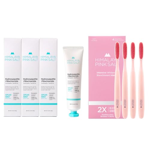 HIMALAYA PINKSALT Fluoride Free Hydroxyapatite Toothpaste with Niacinamide 3.9 oz 3Pack + HIMALAYA PINKSALT Intensive Clean Toothbrush 4Counts, Teeth Whitening Toothpaste, Extra-Large Toothbrush
