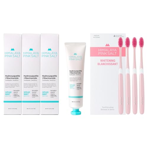 HIMALAYA PINKSALT Fluoride Free Hydroxyapatite Toothpaste with Niacinamide 3.9 oz 3Pack + HIMALAYA PINKSALT Natural Toothbrush 4Counts, Teeth Whitening Toothpaste, Medium Toothbrushes