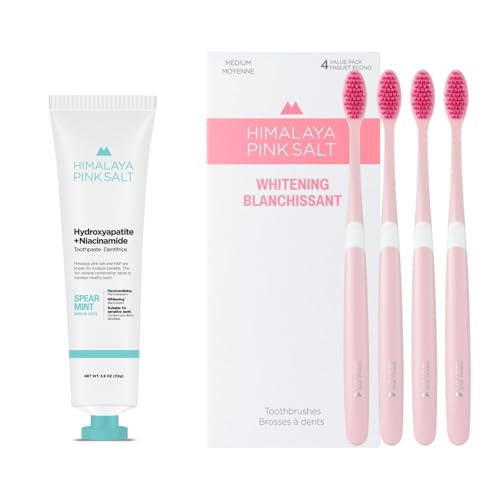 HIMALAYA PINKSALT Fluoride Free Hydroxyapatite Toothpaste with Niacinamide 3.9 oz + HIMALAYA PINKSALT Natural Toothbrush 4Counts, Teeth Whitening Toothpaste, Medium Toothbrushes