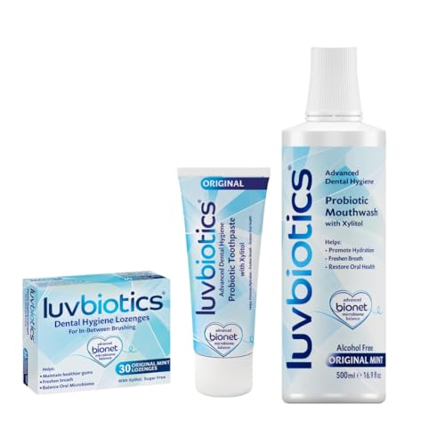 Luv Biotics Daily Oral Care Trio with Probiotics and Xylitol - Mint Lozenge + Original Toothpaste + Mouthwash. Free from Alcohol, Parabens, SLS, Artificial Flavours/Sweeteners/Colours