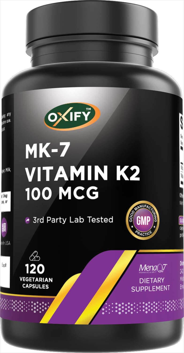 Oxify MK-7 Vitamin K2 100 mcg | 120 Vegetarian Capsules | Gluten-Free, Non-GMO | Supplement Made in USA