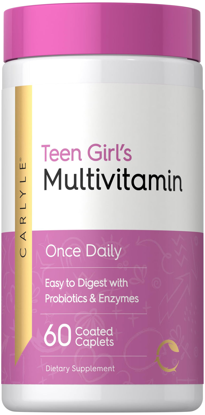 Carlyle Teen Multivitamin for Girls | 60 Caplets | Once Daily | Easy to Digest with Probiotics & Enzymes | with Iron | Non-GMO, Gluten Free