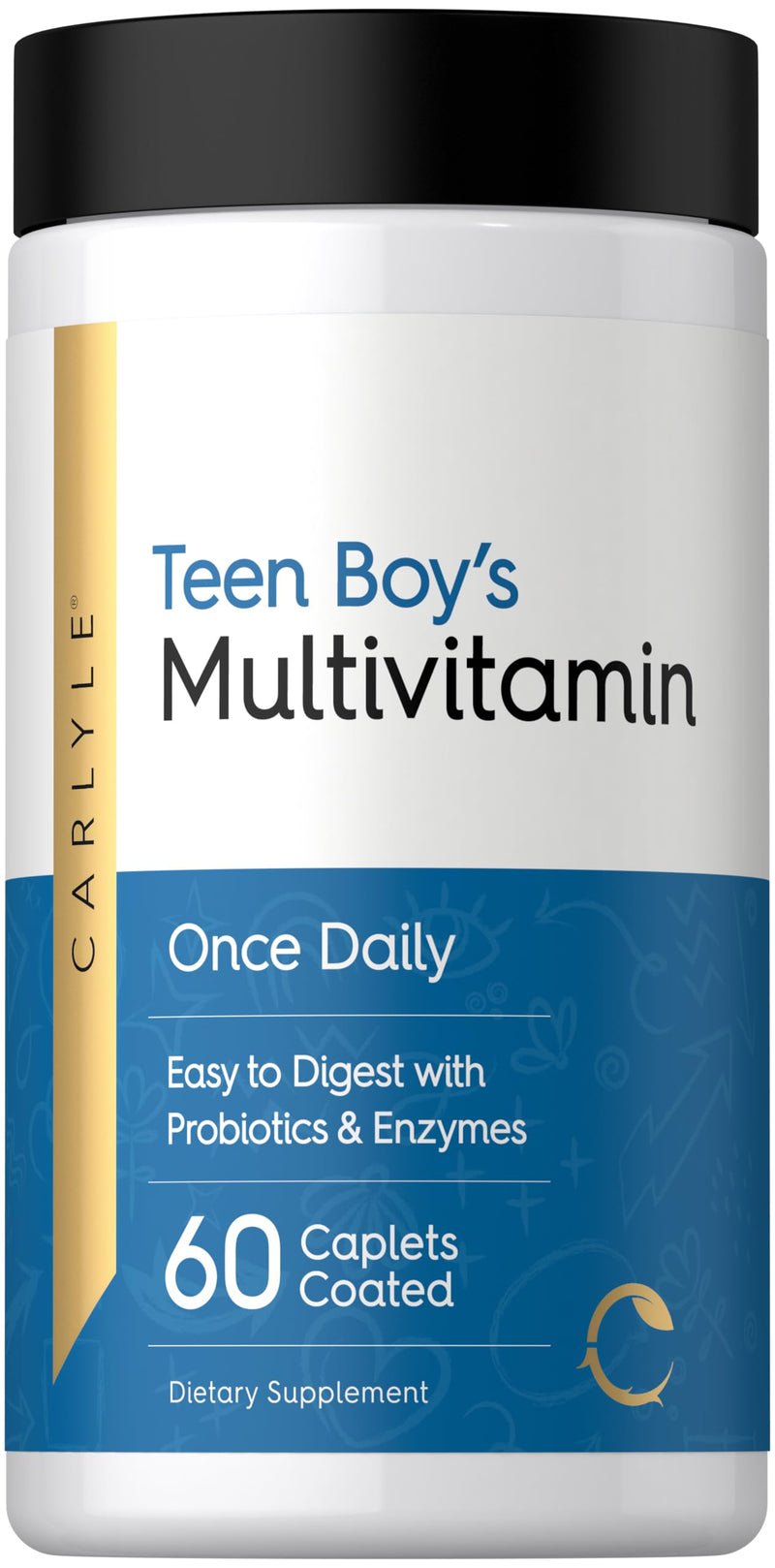 Carlyle Teen Multivitamin for Boys | 60 Caplets | Once Daily | Easy to Digest with Probiotics & Enzymes | with Iron | Non-GMO, Gluten Free