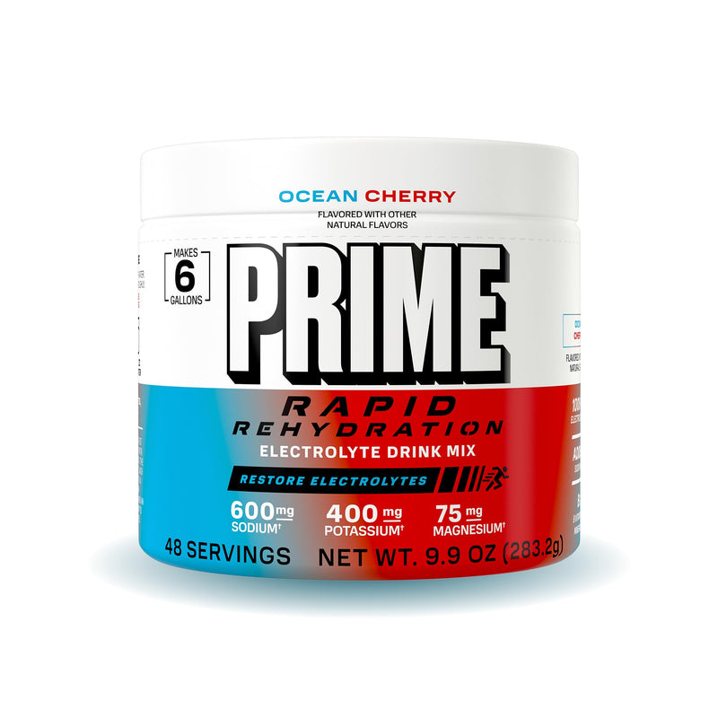 Prime Rapid Rehydration Electrolyte Powder, Ocean Cherry, Sugar Free Hydration Drink Mix with Sodium, Potassium, Magnesium & B Vitamins to Replenish Fluids, Caffeine Free, 6 Gallon Tub, 48 SRV