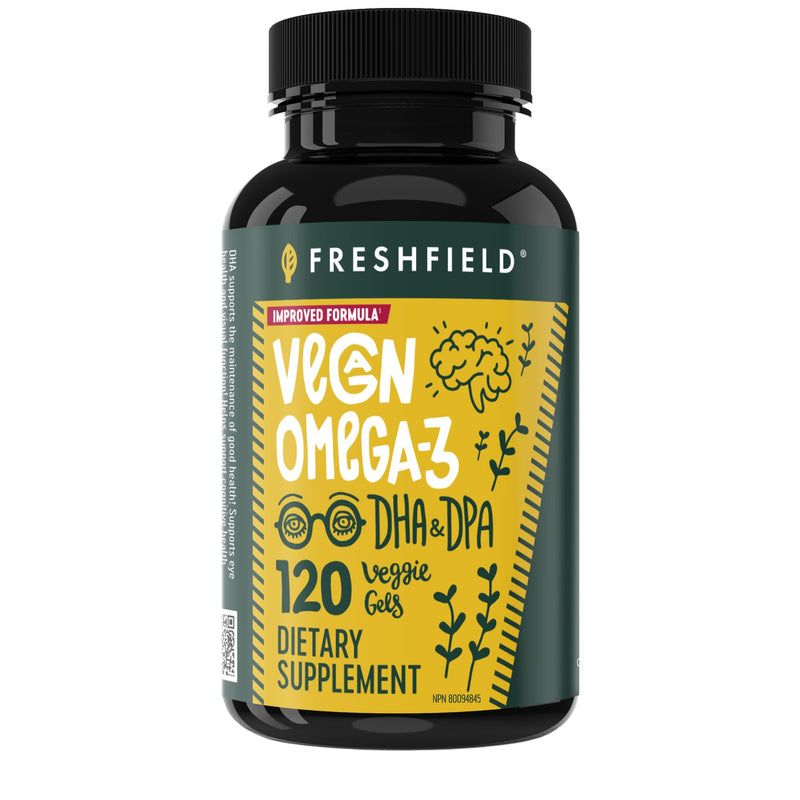 Freshfield Vegan Omega 3, Algae (Algal) Oil, Fish Oil Free Company, Third Party Tested, Carrageenan Free, DHA Supplement, Plant Based Omega. Supports Heart, Brain, Joint Health. Lemon Scent Daily DHA 120 Count (Pack of 1)