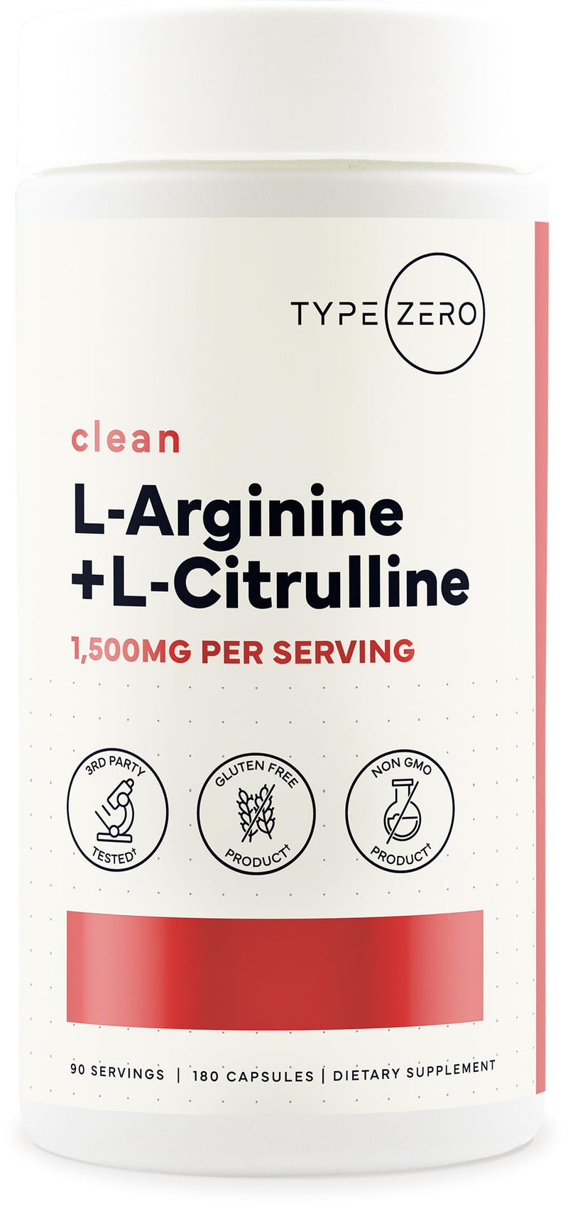 Type Zero L-Arginine + L-Citrulline Supplement (1500mg) 180 Capsules | Nitric Oxide Booster, Clean, Keto-Friendly, GMO-Free, 90 Servings