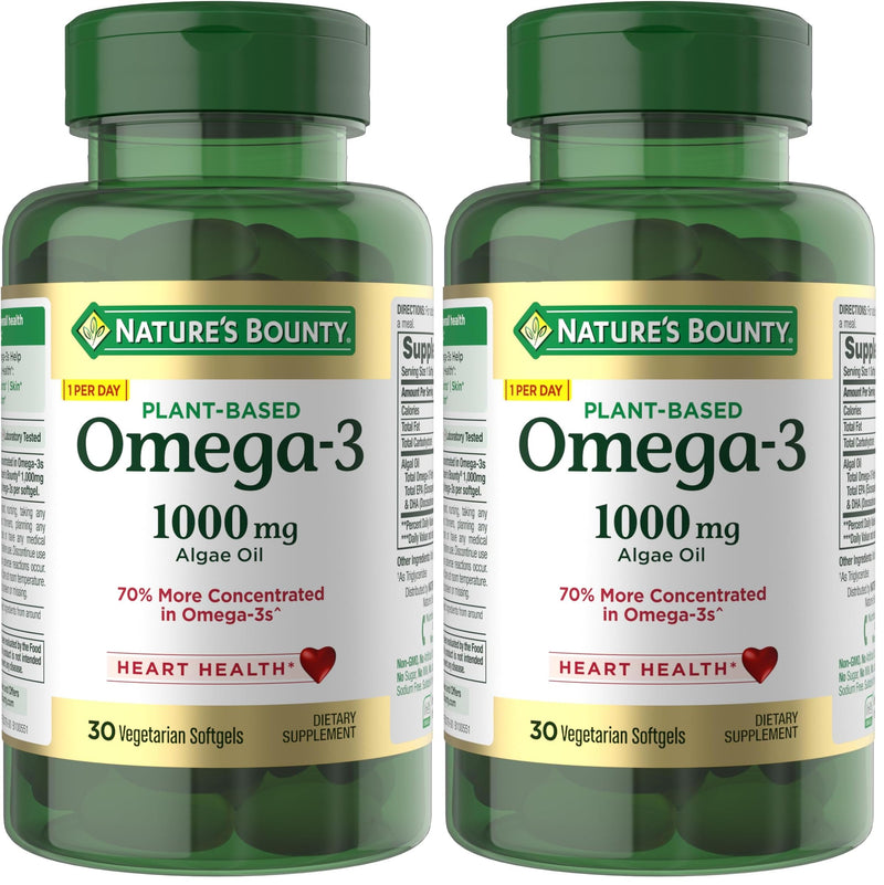 Nature's Bounty Omega 3, Plant-Based Omega 3 Fatty Acid Supplement, 520mg, Supports Whole Body Health Including Heart, Skin, Joint, 30 Vegetarian Softgels, Fish Oil Alternative (Pack of 2) 30 Count (Pack of 2)