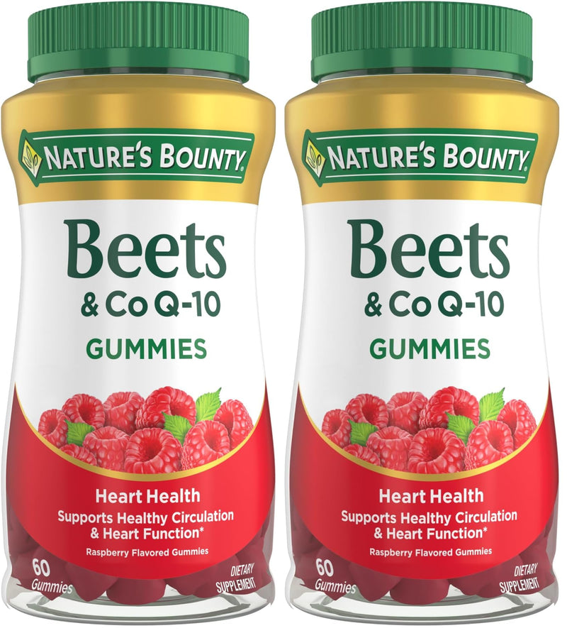 Nature's Bounty Beets & Co Q-10 Gummies for Heart Health, Coenzyme Q10, Beet Root Extract, Supports Healthy Circulation and Heart Function, Cellular Energy Production, Raspberry Flavor, 60 Gummies 60 Count (Pack of 2)