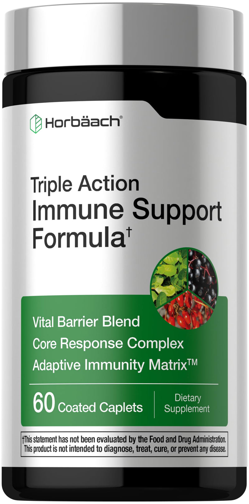 Horbäach Immune Support Supplement | 60 Coated Caplets | with Vitamin C, Zinc & Elderberry | Triple Action | Adaptive Immunity Matrix | Vegan, Non-GMO, Gluten Free