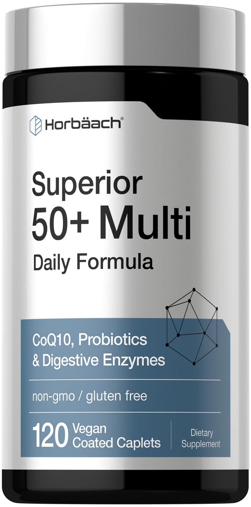 Horbäach Multivitamin for Men and Women Over 50 | 120 Caplets | Daily Supplement for Adults | with Coq10, Probiotics & Digestive Enzymes | Vegan, Non-GMO, Gluten Free Formula