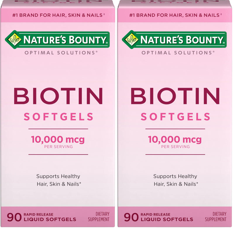 Nature's Bounty Biotin 10000mcg Supplement, Supports Healthy Hair, Skin and Nails, Optimal Solutions Hair Vitamin with Biotin, 90 Rapid Release Liquid Softgels (Pack of 2) 90 Count (Pack of 2)