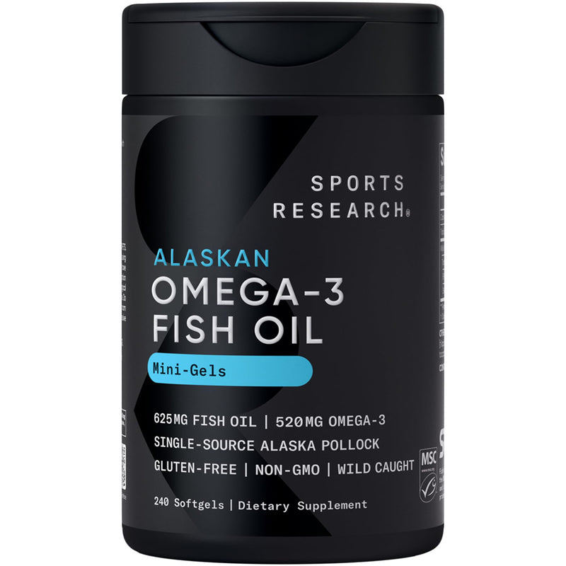 Sports Research® Omega-3 Fish Oil Minis from Wild Alaska Pollock, 240 Count | Easy to Swallow Mini-Softgel, Always Fresh Never Fishy, 345mg EPA 130mg DHA per Softgel, MSC Certified Sustainable, Non-GMO 240 Count (Pack of 1) Mini Capsule