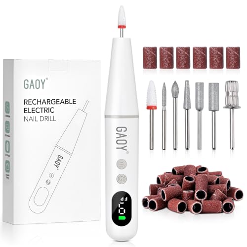 GAOY Cordless Nail Drill, Rechargeable Electric Nail File with LED Display, Lightweight Low Noise Manicure & Pedicure Tool for Gel Removal, Acrylic Nails & DIY Home Use, White