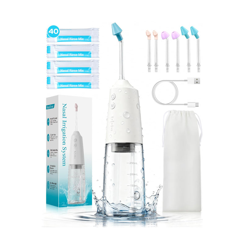 Nasal Irrigation System with 40 Saline Packets, 15s Quick Relief, Nettie Pot Sinus Rinse with 4 Speeds, 1000mah USB-C Charging, 6 Nozzles for Kid Adult, IPX7 Waterproof, Congestion Pressure Relief - BeesActive Australia
