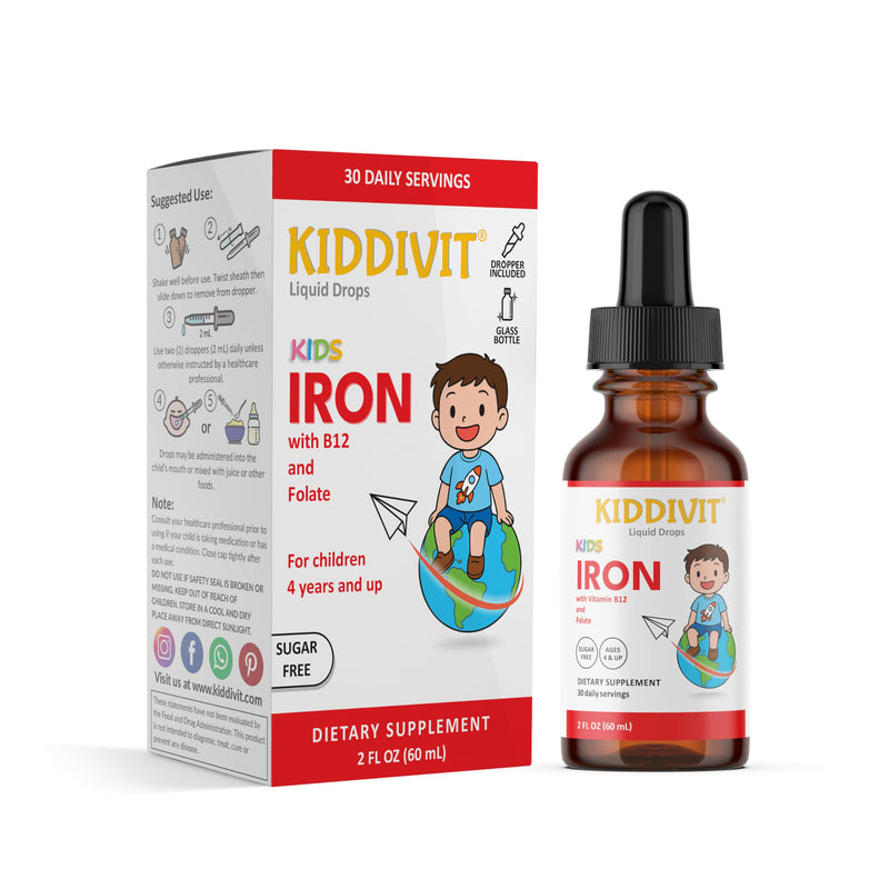 Iron Kids Liquid Drops with Vitamin B12 & Folate – 30 Daily Servings, 2 FL OZ (60 mL) – Gentle Formula, Sugar Free, Gluten Free, Vegetarian
