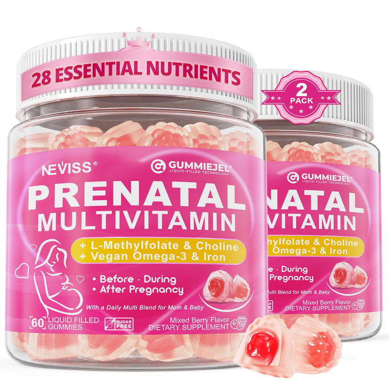 Prenatal Multivitamin Gummies w/ Methylfolate Omega-3, Iron Choline, 120Cts | Prenatal Vitamins for Women Gummies w/ Iodine, Biotin, B6 B12 D3 for Prenatal, Pregnancy, Postpartum,Vegan Non-GMO,Sugar Free 60 Count (Pack of 2)
